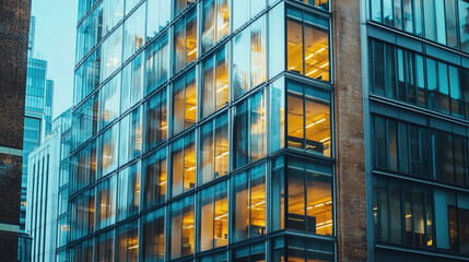 Classic Office Building with Brick Walls and Large Glass Windows Standing Tall in the Heart of a Bustling City Center