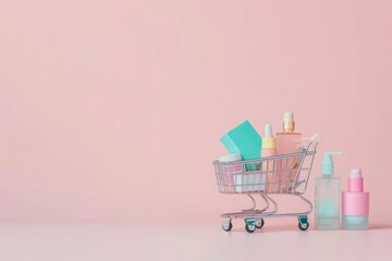 Shopping cart filled with beauty cosmetic products on peach background. Online and offline women shopping concept. International women's day. Copy space