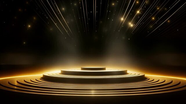  Golden Podium with Sparkling Lights and Glitter. 4K Video Animation Background for Awards Ceremony with Spotlight, Product Presentation, or Winner Announcement.