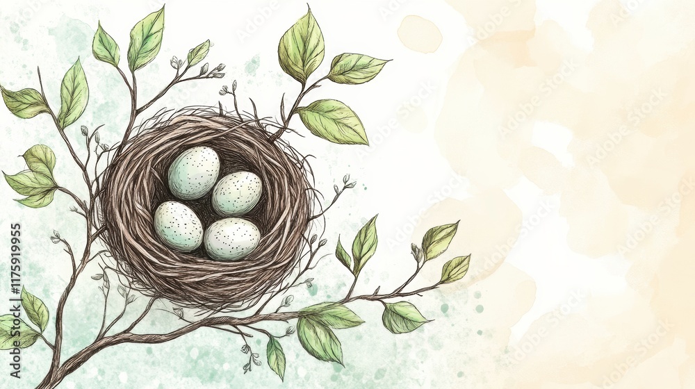 Aufkleber hand drawn doodle of a bird nest with eggs on a branch surrounded by gentle foliage. generative ai