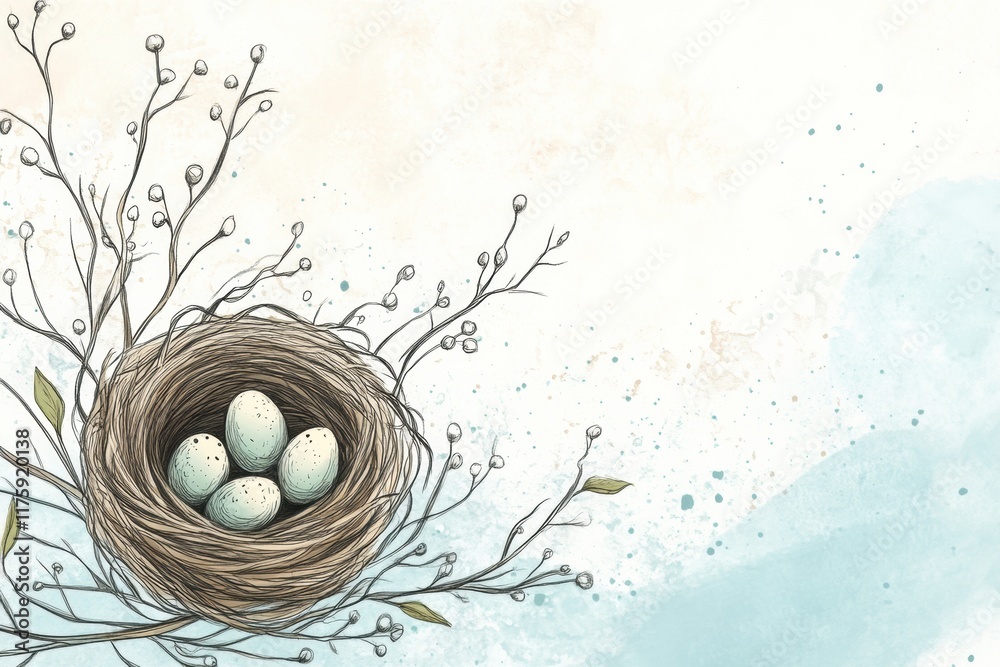 Poster Doodle of a nest with speckled eggs resting on branches in a serene, light colored background. Generative AI