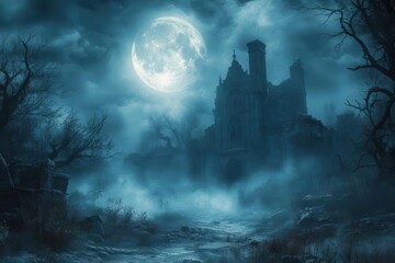 eerie mist swirls around an ancient, crumbling castle under a full moon, creating a haunting atmosphere perfect for a halloween night. shadows flicker among twisted trees