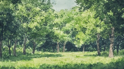 Obraz premium A painting of a forest with trees and grass