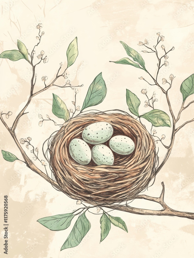 Poster delicate nest with speckled eggs resting on a branch surrounded by leaves in a serene natural settin