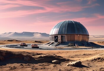 A large, dome-shaped structure stands in an arid landscape, with mountains in the background and transportation vehicles nearby, hinting at human exploration.