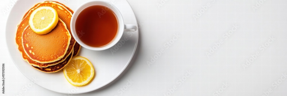 Poster Enjoying a delightful breakfast of pancakes and tea with fresh lemon slices on a minimalistic white table. Generative AI
