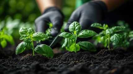 A person tending to young basil plants in rich soil, highlighting gardening and cultivation.