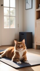 Tranquil tabby cat resting on a yoga mat in a modern, bright room filled with natural light and decorated with houseplants for a peaceful ambiance