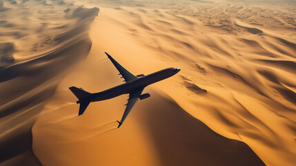 An airplane gliding over a desert landscape, its shadow following on the dunes below