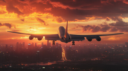 An airplane taking off into a vibrant, sunlit sky, with the city skyline in the distance