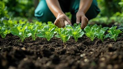 A person tending to young plants in a garden bed, cultivating fresh vegetables.