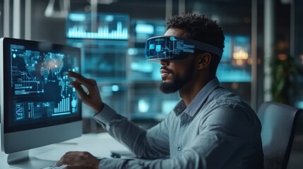 A businessman interacts with holographic data while wearing AR glasses in a sleek modern office environment