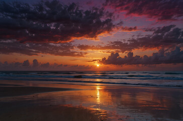 Obraz premium Vibrant beach sunset with dramatic clouds and reflections