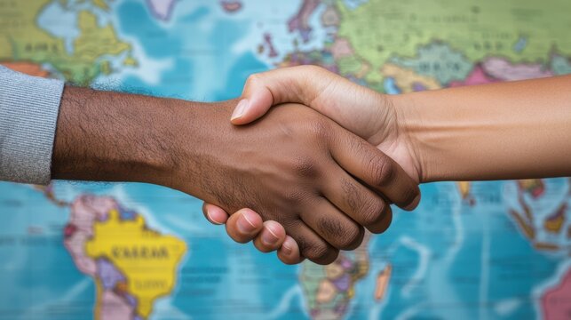 Hands clasped in a handshake before a world map, symbolizing global unity and cooperation.