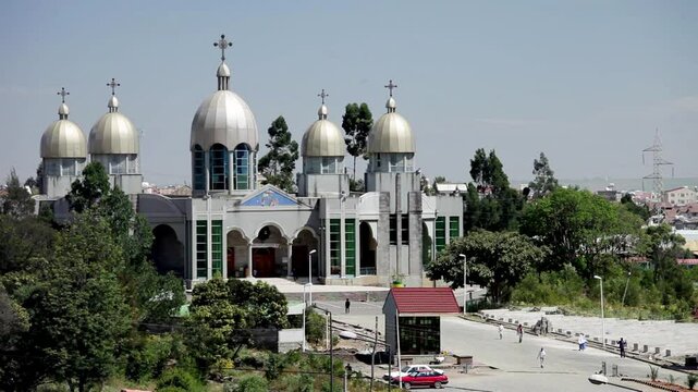 Worshippers walk outside of an Ethiopian Orthodox Church in Addis Ababa, capital of Ethiopia.