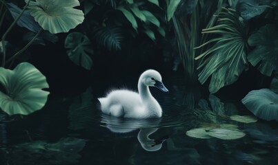 Obraz premium Adorable cygnet swimming in calm waters surrounded by greenery