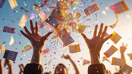 Hands reaching for confetti and tickets during celebration