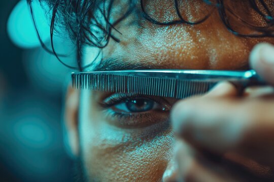 Focused Barber Trimming Hair with Comb and Scissors in Dramatic Close-Up