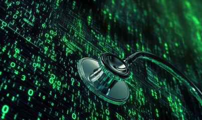 Stethoscope on Digital Background with Binary Code, healthcare technology, health informatics