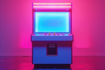 Neon-lit empty arcade machine in glowing pink room