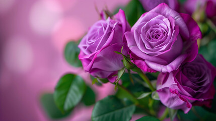 Side Profile of Violet Roses and Their Rich Green Foliage
