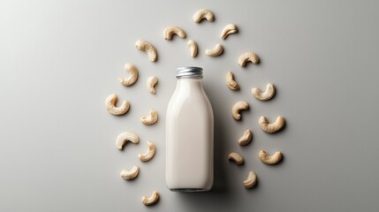 White glass bottle with a silver cap lying on a light grey background. around the bottle, there are several cashew nuts scattered around it.
