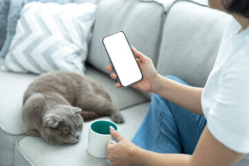 Woman hand holding a smartphone blank white screen and sitting on sofa at home with domestic cat and coffee