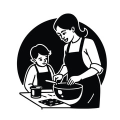  mother cooking with son.