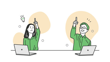 指差しするオフィスカジュアルの男女