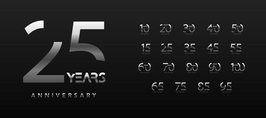 Sleek anniversary numbers with metallic gradient effect on dark background, marking milestones from 10 to 100 years. Perfect for corporate branding or commemorative events. Vector illustration.