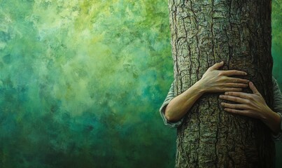 An embrace of a tree in a green forest - nature loving, combating global warming, preserving our planet