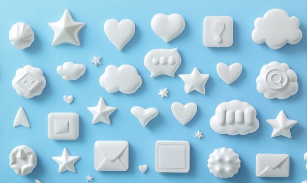 An extensive set of 3D speech bubbles, isolated against a background, showcasing white chat message icons