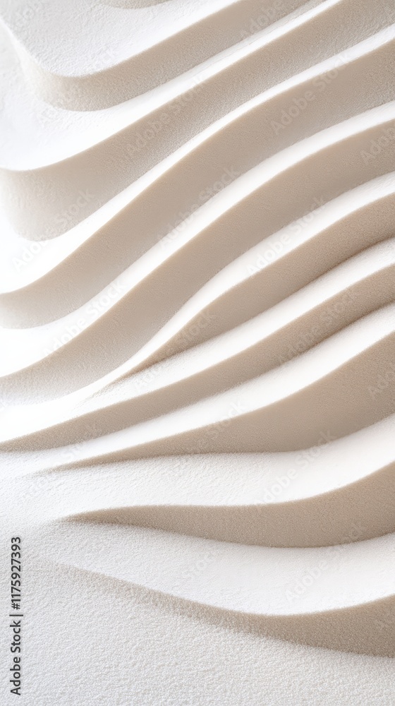 Poster Smooth lines and curves of white sand create an abstract and minimalist composition, resembling ripples of water or a zen garden, offering a calming and meditative visual experience