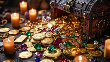 Naklejka premium Treasure chest spilling gold coins and jewels with candlelight
