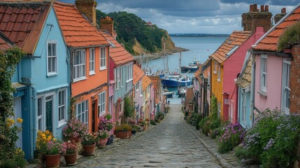 Fototapeta premium A picturesque coastal street lined with colorful houses and flowers, leading to the harbor.