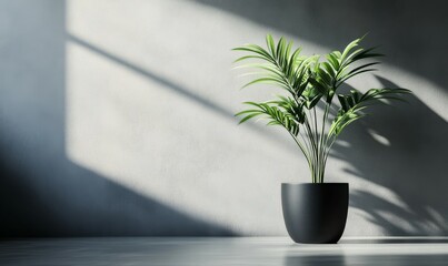 Lonely houseplant in a modern black pot, sitting on a sleek concrete floor, bright indirect lighting emphasizing its green leaves,