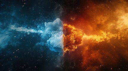 Fototapeta premium The abstract battle of ice and fire, a wave of burning flame vs frozen water waves in a flowing vs striking texture with a powerful vs delicate design and a magical vs realistic backdrop.
