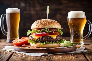 Savory burger featuring juicy patty, fresh greens, and tomato slices, paired with a glass of beer. Ideal for marketing campaigns, food events, and restaurant menus showcasing comfort food.