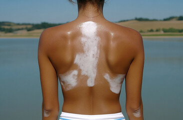 vitiligo person with wearing shorts, standing by a lake with their back to the camera