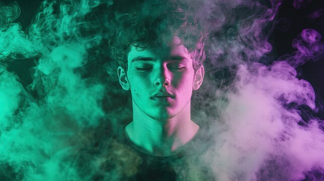 Man in colorful mist with a dreamy expression