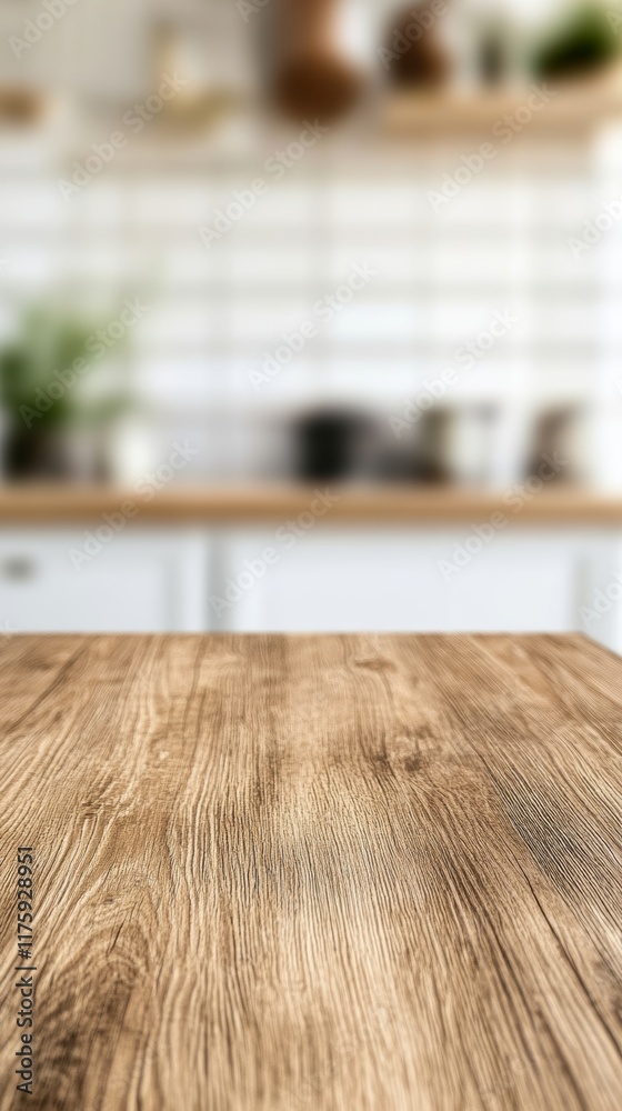 Poster empty wooden table providing space for product placement with a blurred modern kitchen in the backgr