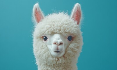 Adorable Alpaca Face Against Blue Background