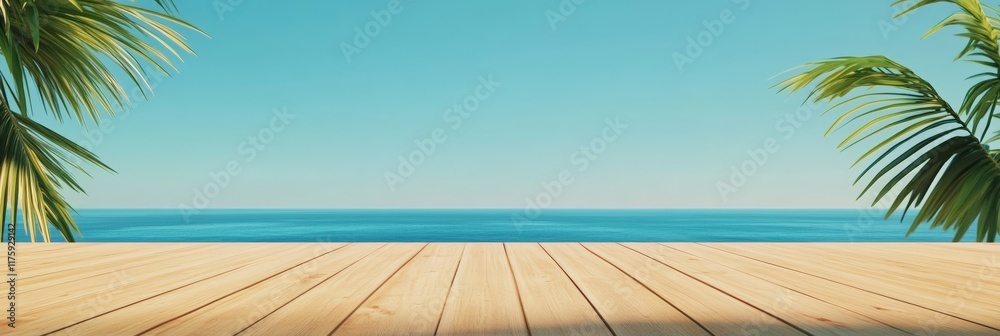 Poster wooden planks extending towards a tranquil turquoise ocean, framed by lush palm trees, create a sere