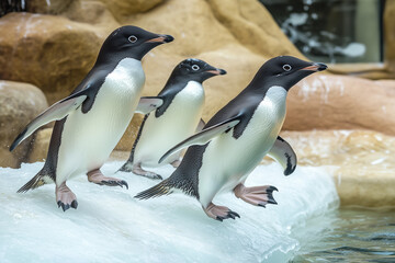 Obraz premium A group of Adelie penguins sliding playfully down an icy slope into the water