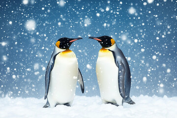 Obraz premium Two King penguins standing beak-to-beak, as if sharing a secret in the snow