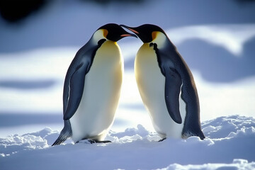 Obraz premium Two King penguins standing beak-to-beak, as if sharing a secret in the snow