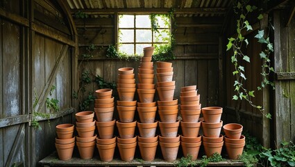 Stacked terracotta pots in rustic garden shed with ivy vines