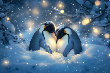 Naklejka premium A group of Emperor penguins huddled together to keep warm, surrounded by a snowy expanse and soft snowfall