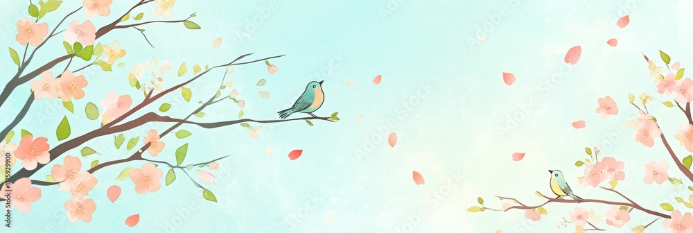 Aufkleber doodle of two colorful birds perched on blooming branches during springtime with gentle pastel backg