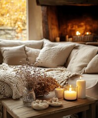 Cozy living room, warm fireplace, soft gray couch, chunky knit pillows, beige throw blanket, burning candles, dried flowers in vase, rustic wooden mantle, large window with autumn view, hygge atmosphe
